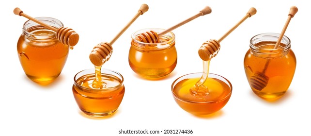 Honey jars, cups and dippers set isolated on white background. Package design elements with clipping path - Shutterstock ID 2031274436