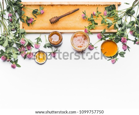 Similar – Image, Stock Photo Honey in glass with honeycomb and blossoms