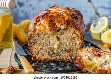 Honey, Lemon And Pecan Nut Loaf On A Table