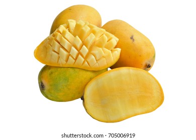 Honey Mangoes Cut Half. Famous  Mango Nice Cut Or Carv Isolate On White Background, Selective Focus Image.