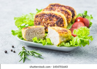 Honey Mustard Chicken Rissoles, Salad Leaves, Cherry Tomatoes. Selective Focus, Space For Text.