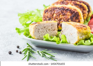 Honey Mustard Chicken Rissoles, Salad Leaves, Cherry Tomatoes. Selective Focus, Space For Text.