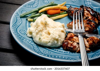 Honey Mustard Grilled Chicken Thighs Dinner Served With Garlic Green Beans And Mashed Potatoes