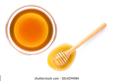 Honey Pot And Dipper Isolated On White Background. Top View. Flat Lay.