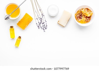 Honey As Product For Body, Face And Hair Care. Cosmetics With Honey. White Background Top View Copy Space