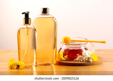 Honey Royal Jelly Soap Bottle Mock Up With Flowers And Honey