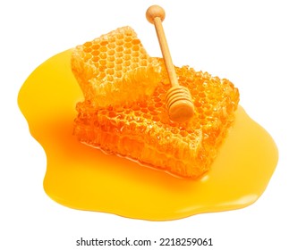 Honey Stick And  Honeycomb Isolated On White Background, Top View. 