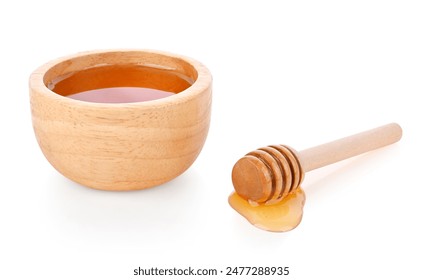 Honey in wooden bowl and honey Dipper isolated on white background. - Powered by Shutterstock