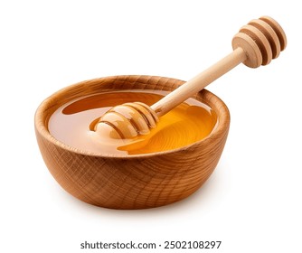 Honey with wooden honey dipper in wooden bowl isolated on white background - Powered by Shutterstock