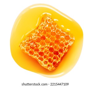 Combo de miel con jarabe de miel de miel que fluye aislado en el fondo blanco.  Piso de miel. Vista superior. Plana
