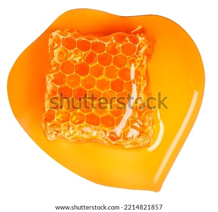 Honeycomb with flowing honey syrup isolated on white background.  Honey Flat lay. Top view. Flat lay