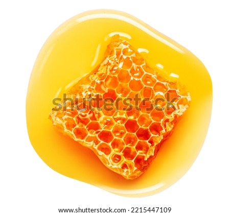 Honeycomb with flowing honey syrup isolated on white background.  Honey Flat lay. Top view. Flat lay