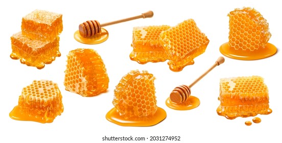 Honeycomb set isolated on white background. Wooden honey dippers. Package design elements with clipping path - Shutterstock ID 2031274952