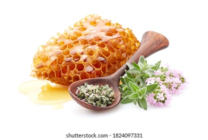 Honeycomb With Thyme Tea In White Background