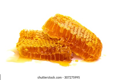 Honeycombs With Honey On White Background.