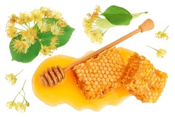 Honeycombs And Honey Puddle With Stick And Linden Flowers Isolated On White Background. Top View. Flat Lay