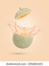 Honeydew cantaloupe melon with juice splash isolated on white background.