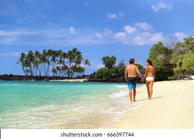 Honeymoon Travel Beach Vacation Couple Walking Holding Hands On Hawaii Summer Holidays.