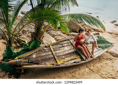 Honeymoon trip. Wedding travel. Couple in love on an island off the coast. Couple on the island. Man and woman in the Maldives. Relax on the island. Holiday romance. Travel to Asia. Thailand, Phuket