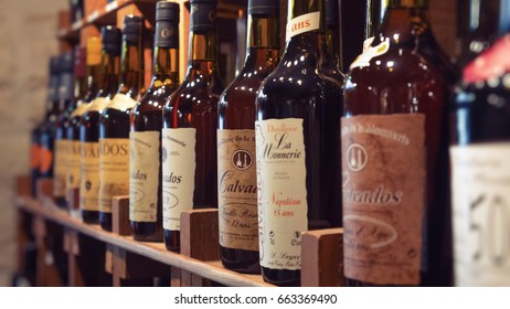 HONFLEUR, FRANCE, AUGUST 27, 2012: Bottles On The Shelf In A Private Wine Cellar.