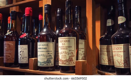 HONFLEUR, FRANCE, AUGUST 27, 2012: Bottles On The Shelf In A Private Wine Cellar.