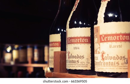 HONFLEUR, FRANCE, AUGUST 27, 2012: Bottles On The Shelf In A Private Wine Cellar.