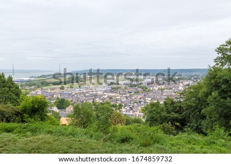 Honfleur, France. View of the city and the bridge over the Seine from the top of the hill