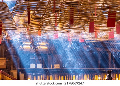 Hong Kong - 12July2022 : Circular Incenses Burning In Man Mo Temple