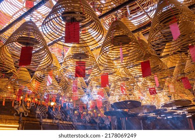 Hong Kong - 12July2022 : Circular Incenses Burning In Man Mo Temple