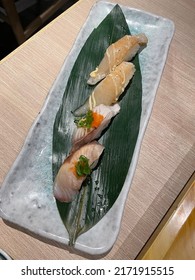 Hong Kong, 17 June 2022: Plate Of Sushi, Engawa Nigiri, Yellowtail Nigiri.