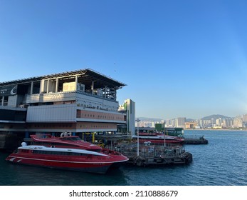 Hong Kong - 20122021: Ferries Parked At Sheung Wan Shun Tak Centre Hong Kong - Macau Ferry Terminal Amid COVID Travel Restrictions