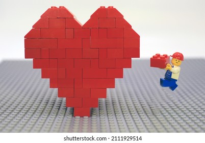 Hong Kong 2021 January 2 :Assemble of red heart in valentines day on lego floor