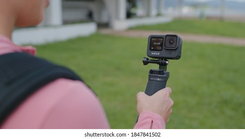 Hong Kong 22 September 2020: Woman Take A Video On Gopro Camera