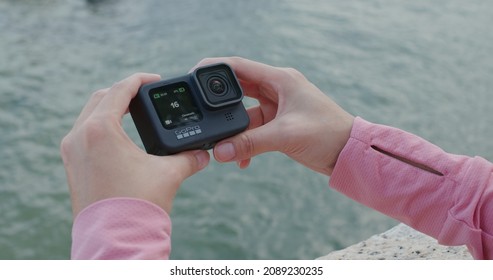 Hong Kong 22 September 2020: Woman Hold With Gopro 