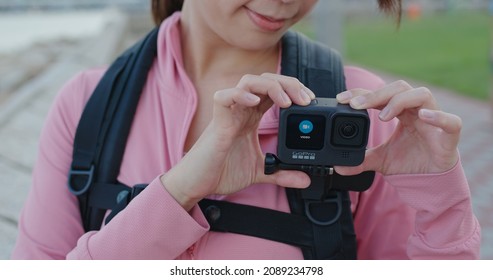 Hong Kong 22 September 2020: Woman Take A Video On Gopro Camera