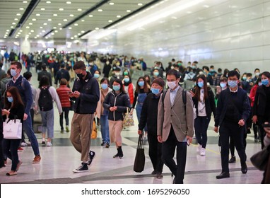 Hong Kong, 3 March 2020: peope wearing mask in metro station in central