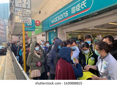 Hong Kong - 30 January 2020: People Wait For The Mask After Watsons Announce They Have Small Amount Of Masks For Sell. After Wuhan Coronavirus Outbreak In China, Mask Supply Are Shortage In Hong Kong