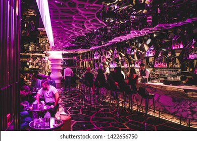 Hong Kong - 3/11/2018: Ritz Carlton Hotel Sky Bar Interiors, Luxury 