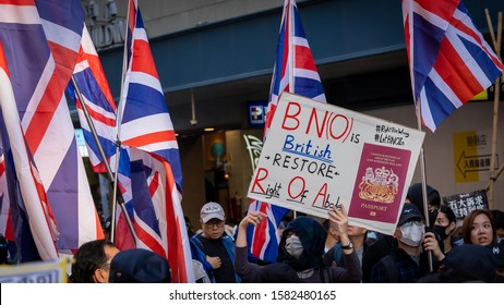 Hong Kong - 8Dec2019: Over 800 Thousand People Rally At Causeway Bay, Demand For Universal Suffrage, 2020 Direct Democratic Elections For Legislative Council. Banner: BNO, Right Of Abode. Born British