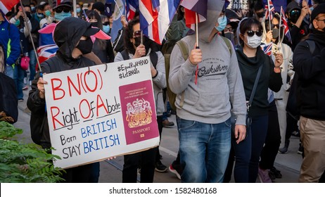 Hong Kong - 8Dec2019: Over 800 Thousand People Rally At Causeway Bay, Demand For Universal Suffrage, 2020 Direct Democratic Elections For Legislative Council. Banner: BNO, Right Of Abode. Born British