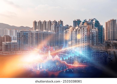 Hong Kong apartment buildings with an overlay of a digital financial graph concept that shows the market in crisis.