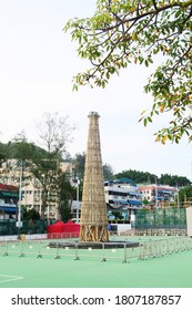 Hong Kong - Apr 30 2018: The Preparation Of Cheung Chau Bun Festival. The Scaffolding Of The Bun Tower For Bun Snatching At Night.