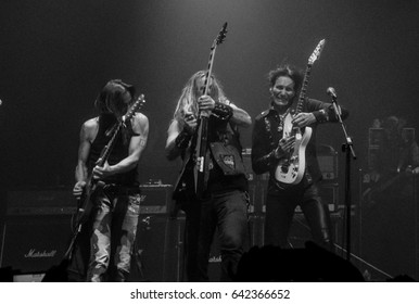 HONG KONG - April 12, 2017: American Rock/heavy Metal Supergroup Generation Axe, Guitarist Steve Vai, Zakk Wylde, Nuno Bettencourt Performed On Stage