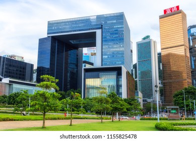 Hong Kong - August 01, 2018: View Of Tamar Park And Central Government Complex Building