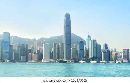 Hong Kong Business Center With A Clear Blue Sky