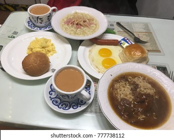 Hong Kong Cafe Breakfast: Macaroni And Ham Soup, Satay Beef Noodles, Bread, Eggs And Milk Tea 