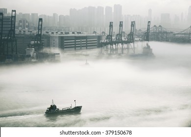 Hong Kong Cargo Port In Mist