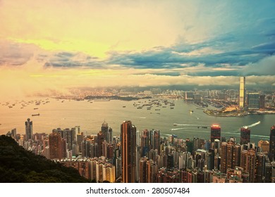 Hong Kong Central District Skyline And Victoria Harbour View At Night