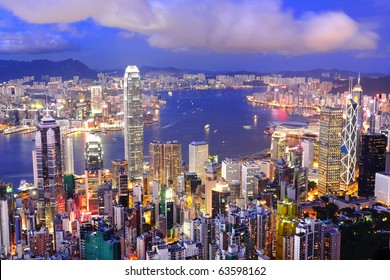 Hong Kong Central District Skyline And Victoria Harbour View At Night