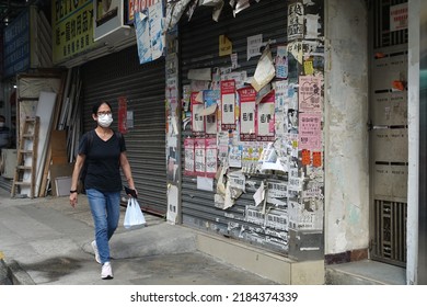 Hong Kong, China - April 26, 2022: City Street View Of Yuen Long And The People Wear Mask In Hong Kong.